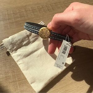Tory Burch Navy Leather Bracelet with Gold Accent